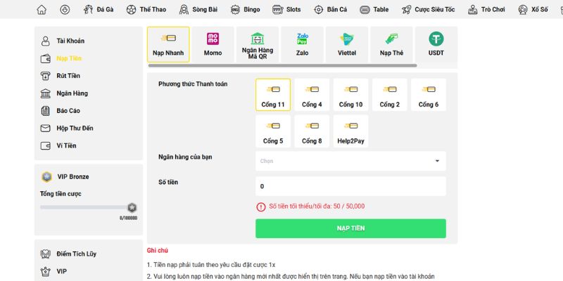 Một số phương thức nạp tiền Betvisa phổ biến