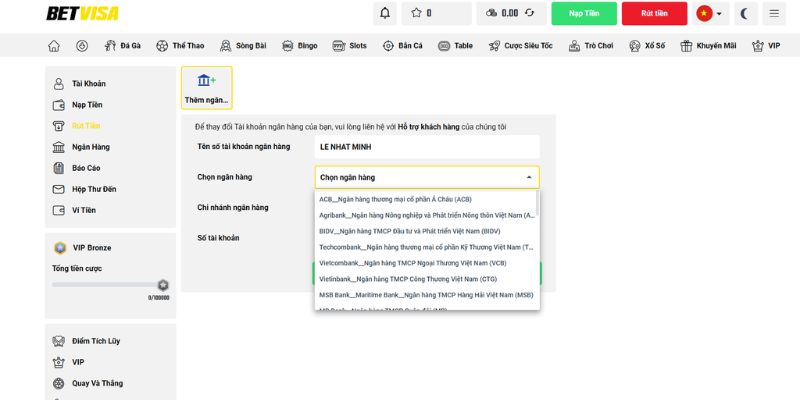 Nhập thông tin rút tiền Betvisa theo yêu cầu